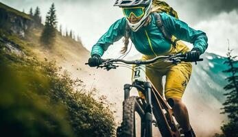 Mountain biking woman riding on bike in summer mountains forest landscape, photo