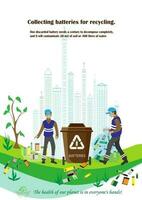 Eco friendly people garbage collector.Man with waste.People sort garbage by type into containers for recycling. Ecology concept. Flat vector illustration. Care garbage separation people sorting.