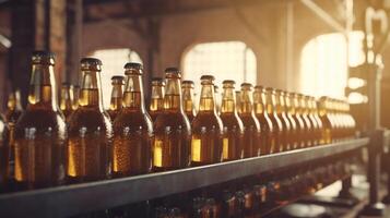 cerveza botellas en producción línea con grande máquina a bebida fábrica interior, máquina trabajando botellas producción línea, generativo ai foto