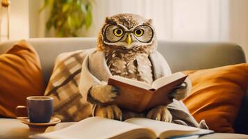 owl reading book on sofa, learning and knowladge concept, photo