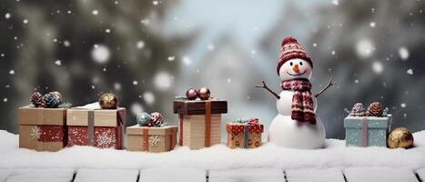 Christmas banner background, small snowman with vintage gift boxes on wood table full with snow, photo