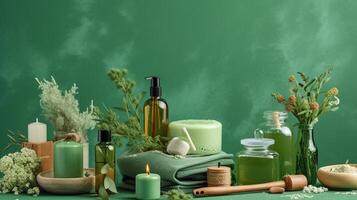 natural cosmetics, ingredients and bathroom or spa accessories arranged on banner background, photo