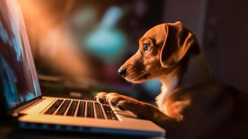 linda perro mirando en ordenador portátil monitor pantalla a hogar, ai generativo foto