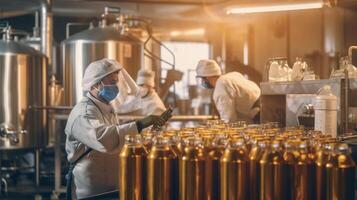 personal vistiendo cara máscara y uniforme trabajando en cerveza botellas en producción línea con grande máquina a bebida fábrica interior, máquina trabajando botellas producción línea, generativo ai foto