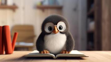 a cute penguin wearing glasses reading book in living room, learning and knowladge and wisdom concept, photo