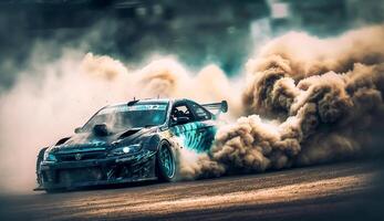Car drifting, burning tires on speed track, photo