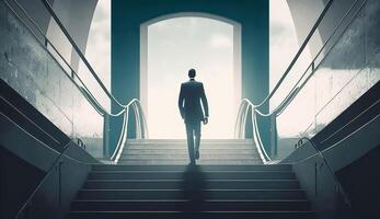 business man climbing stairs to meet incoming challenge and opportunity future planning and success, photo