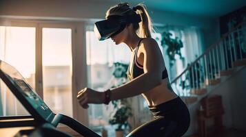 mujer vistiendo virtual realidad auriculares y corriendo en rueda de andar a hogar, ai generativo foto