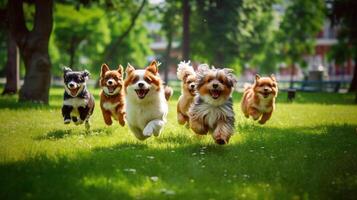 linda gracioso perros grupo corriendo y jugando en verde césped en parque, generativo ai foto