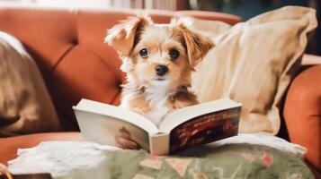 cute dog reading a book on sofa at home, photo