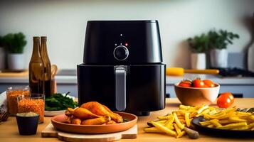 Black air fryer or oil free fryer appliance on the wooden table with cement wall kitchen, photo