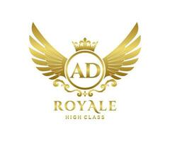 Golden Letter AD template logo Luxury gold letter with crown. Monogram alphabet . Beautiful royal initials letter. vector