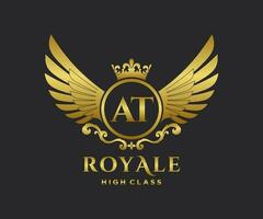 Golden Letter AT template logo Luxury gold letter with crown. Monogram alphabet . Beautiful royal initials letter. vector