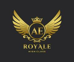 Golden Letter AE template logo Luxury gold letter with crown. Monogram alphabet . Beautiful royal initials letter. vector