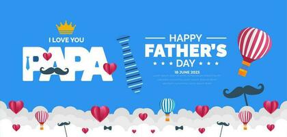 happy Father's Day background poster, greetings card or banner design template with parachute, cloud, necktie, glasses, hat, and gift box. celebrate in june. stylish papa typography design. vector
