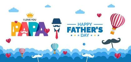 happy Father's Day background poster, greetings card or banner design template with parachute, cloud, necktie, glasses, hat, and gift box. celebrate in june. stylish papa typography design. vector