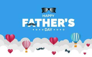 happy Father's Day background poster, greetings card or banner design template with parachute, cloud, necktie, glasses, hat, and gift box. celebrate in june. stylish papa typography design. vector