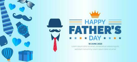 happy Father's Day background poster or banner design template celebrate in june. Father's Day background or banner with necktie, glasses, hat, and gift box. happy fathers day poster, greetings. vector