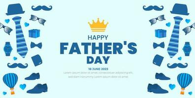 happy Father's Day background poster or banner design template celebrate in june. Father's Day background or banner with necktie, glasses, hat, and gift box. happy fathers day poster, greetings. vector