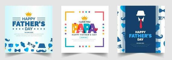 happy Father's Day social media post greetings, banner,  background and poster design template celebrate in june. Father's Day background or banner with necktie, glasses, hat, and gift box. vector