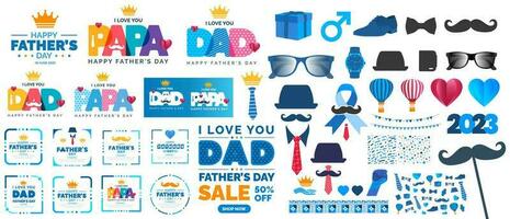 Father's Day background, poster or banner set with necktie, glasses, hat, and gift box. happy Father's day stylish typography design bundle. father day element vector and social media banner set.