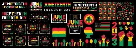 Juneteenth Freedom Day element set, social media post banner, and typography  bundle. usa flag, pattern, text, bundle use to background, banner, card, poster. African American Independence Day bundle. vector