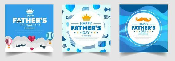 happy Father's Day social media post greetings, banner,  background and poster design template celebrate in june. Father's Day background or banner with necktie, glasses, hat, and gift box. vector