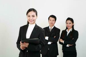 Young Asian man woman wearing business office suit stand white background photo