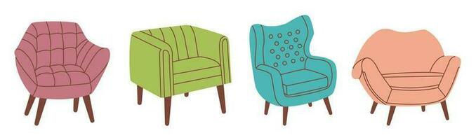 Set of armchairs in trendy, modern style. Living room and patio furniture. Flat vector illustration.