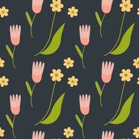 Natural seamless pattern with stylized hand drawn flowers on dark background. Botanicale illustration for wrapping, textile print, wallpaper. vector