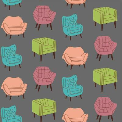 Seamless pattern of armchairs in trendy, modern style. Living room and patio furniture. Flat vector illustration.