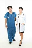 Young Asian male female doctor wearing apron uniform tunic apron hold photo