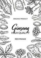 Ginseng vertical design. Hand drawn botanical vector illustration in sketch style. Can be used for packaging, label, badge. Herbal medicine background