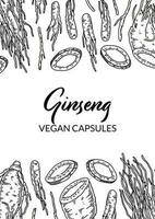 Ginseng vertical design. Hand drawn botanical vector illustration in sketch style. Can be used for packaging, label, badge. Herbal medicine background