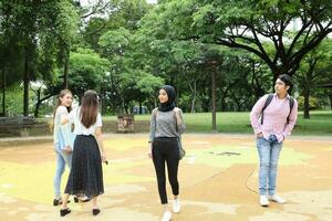 joven asiático malayo chino hombre mujer al aire libre parque libro archivo carpeta ordenador portátil computadora teléfono sentar estar estudiar mezclarse foto