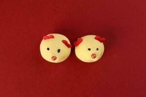 Chinese New Year rat mouse shaped cookie on red background photo