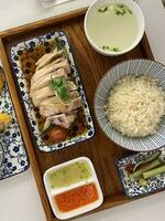 steamed Hainanese chicken rice soup green red chilli ginger soya sauce cucumber carrot side serviced on retro enamel diner plate fork spoon on wooden table photo