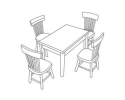 Wooden Chairs and Table set, Hand drawn line art with white background vector