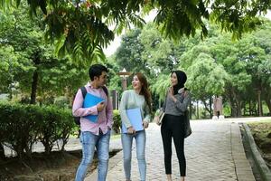 Young asian malay chinese man woman outdoor park walk stand study talk discuss point laptop file book backpack mingle photo