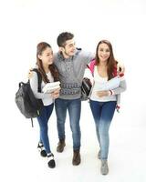 yong sur este asiático medio oriental caucásico juventud hombre mujer en casual vestir caminar hablar divertido sentar a mesa libro cuaderno bolígrafo ordenador portátil computadora estudiar pensar leer en blanco antecedentes foto