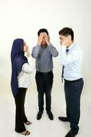South east Asian Malay Chinese Man Woman facial expression stand do not see hear talk speak photo