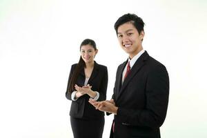 South east Asian young Chinese Indian man woman wearing formal business office ware on white background pose expression photo