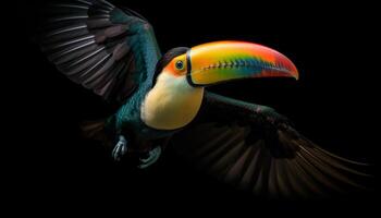 Toucan perching on branch, vibrant colors in tropical rainforest generated by AI photo