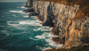 Majestic coastline, eroded sandstone, twelve apostles sea rocks, panoramic view generated by AI photo