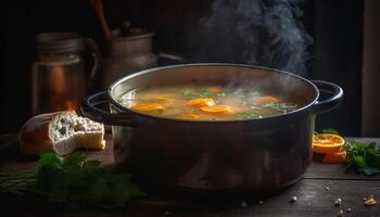 Healthy vegetable stew cooked in rustic kitchen with fresh ingredients generated by AI photo