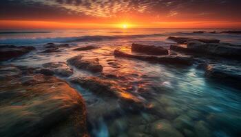 Tranquil sunset over rocky coastline, natural beauty in motion generated by AI photo