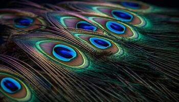Vibrant peacock tail showcases beauty in nature abstract decoration generated by AI photo