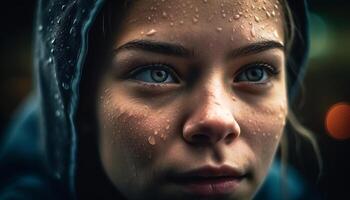 Young woman looking sad in the rain, drops reflecting beauty generated by AI photo