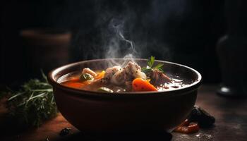 Healthy homemade beef stew with steamed vegetables and rustic bread generated by AI photo