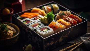 Gourmet seafood meal on plate with fresh fish and sushi generated by AI photo